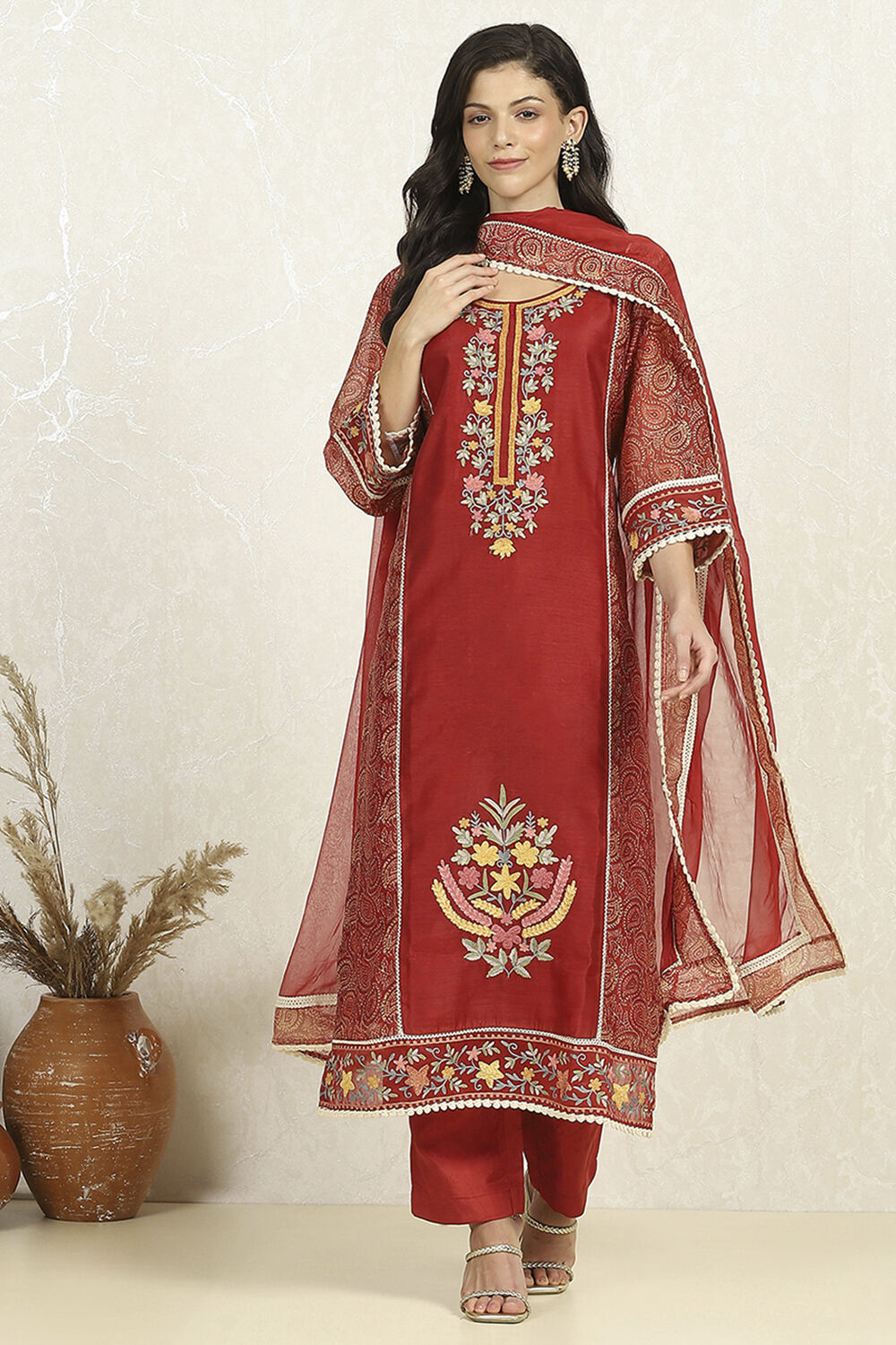 Teal Chanderi Unstitched Suit Set image number 7