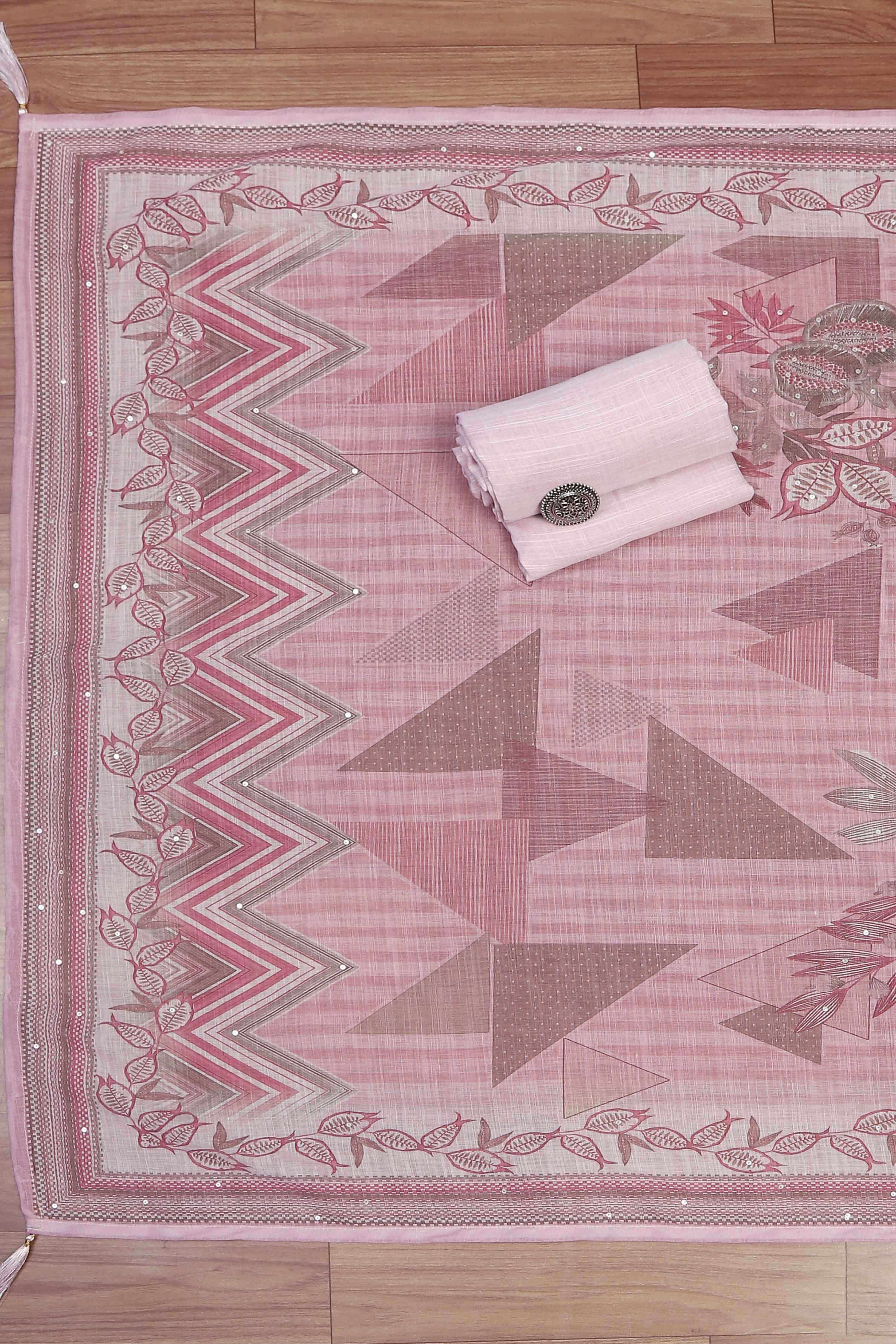 Pink Linen Unstitched Suit Set image number 3