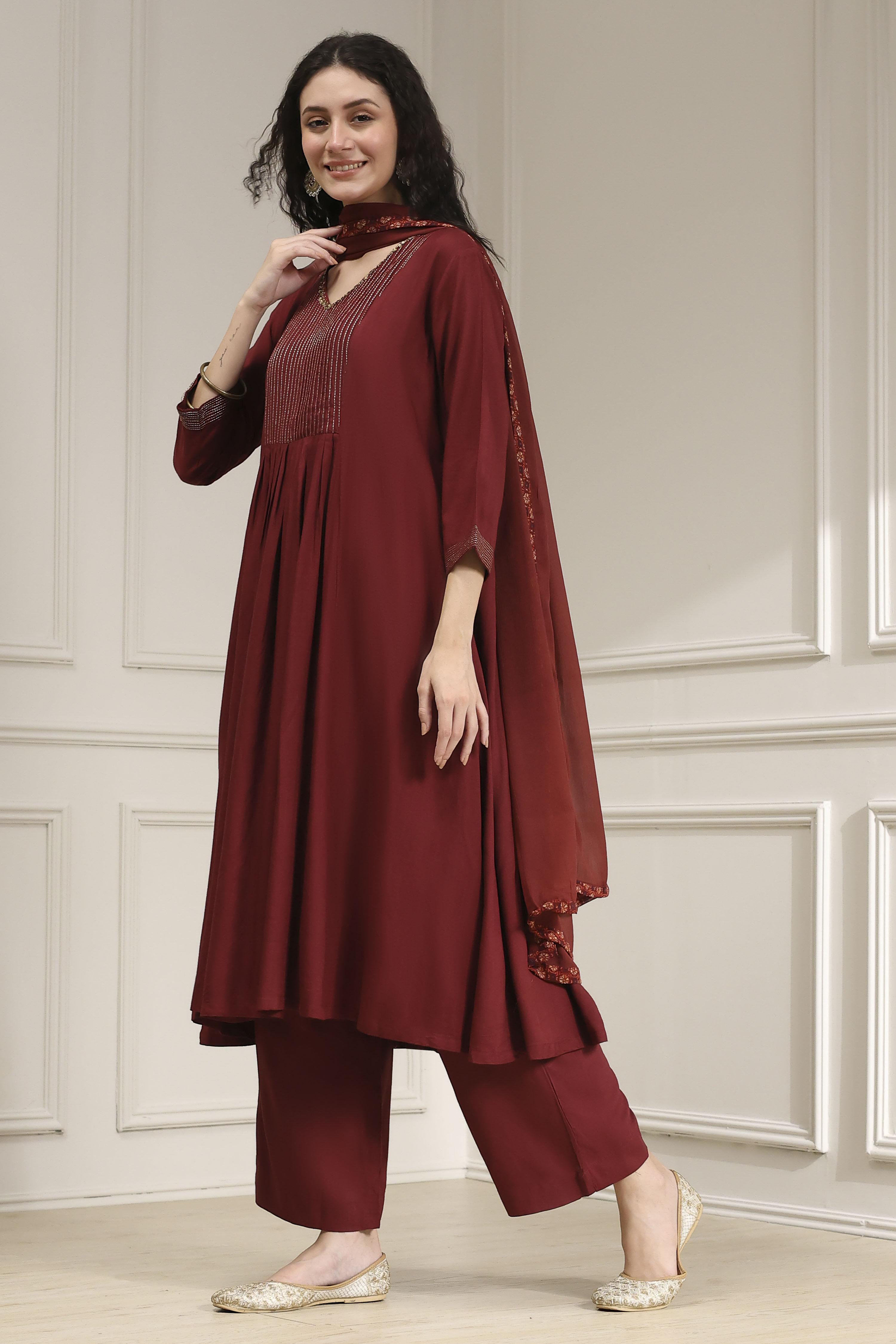 Rust Solid Gathered Suit Set image number 3