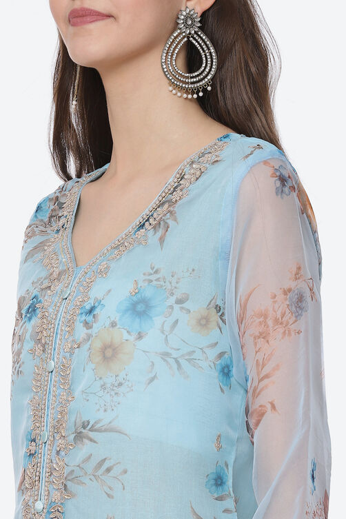 Blue Organza Unstitched Suit Set image number 1