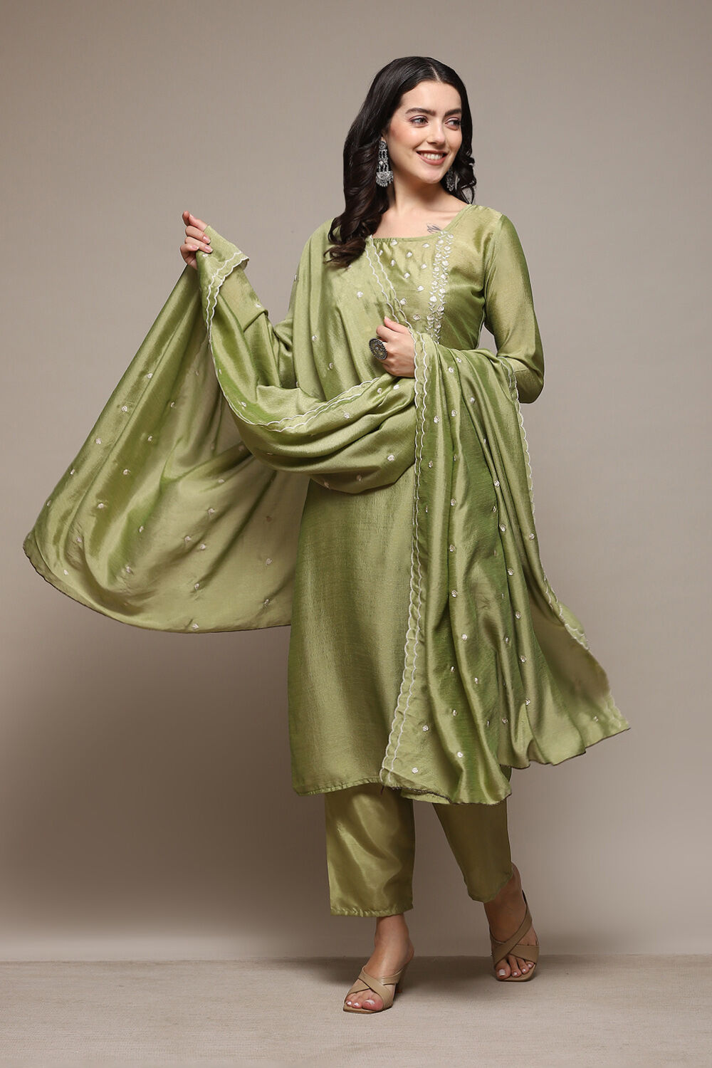 Olive Green Silk Blend Unstitched Suit Set image number 1