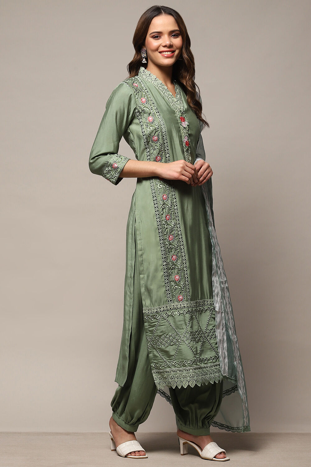 Green Silk Blend Unstitched Suit Set image number 7