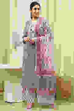 Slate Blue Cotton Hand Block Print Unstitched Suit Set image number 1