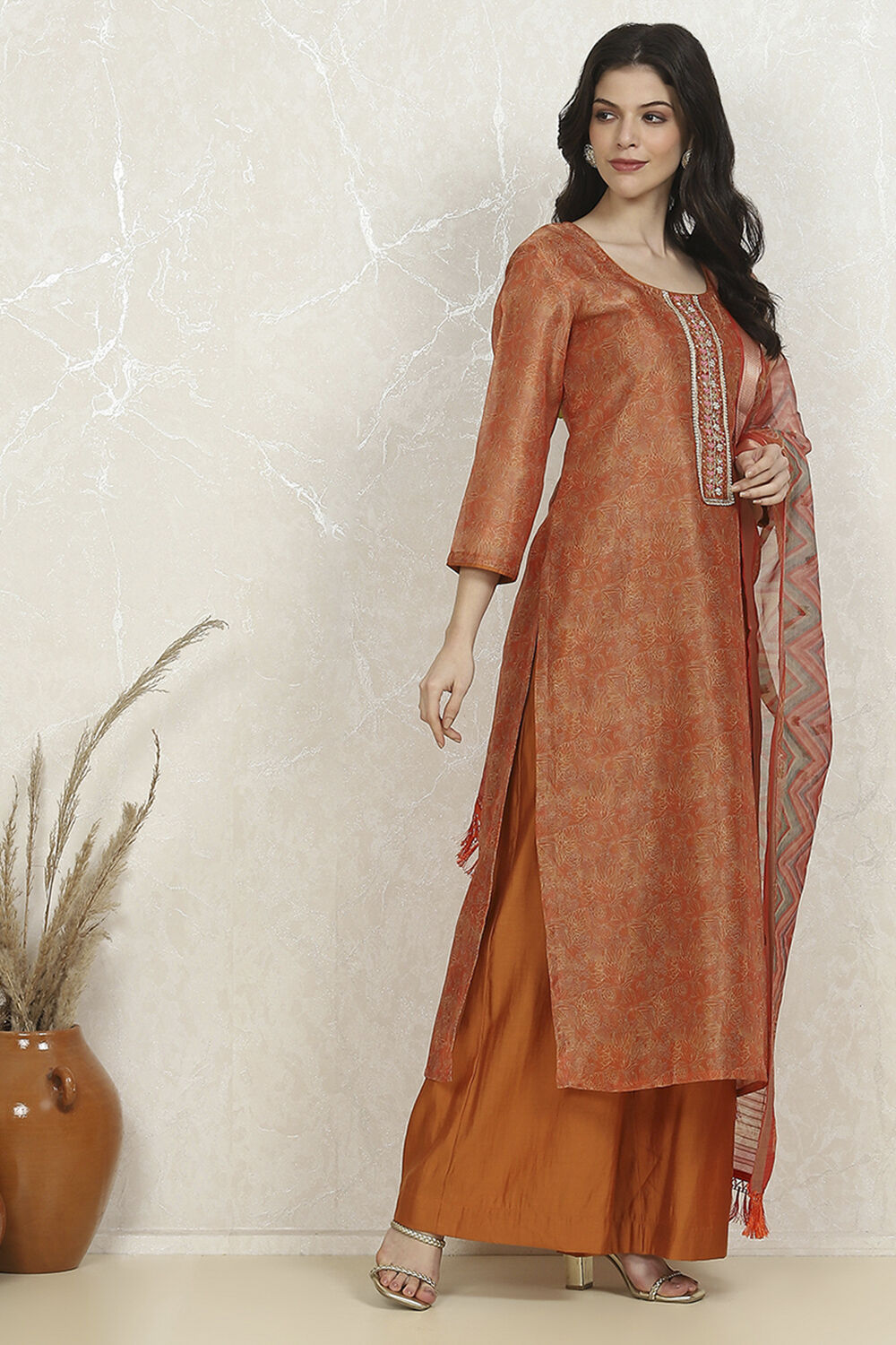 Orange Chanderi Unstitched Suit Set image number 6