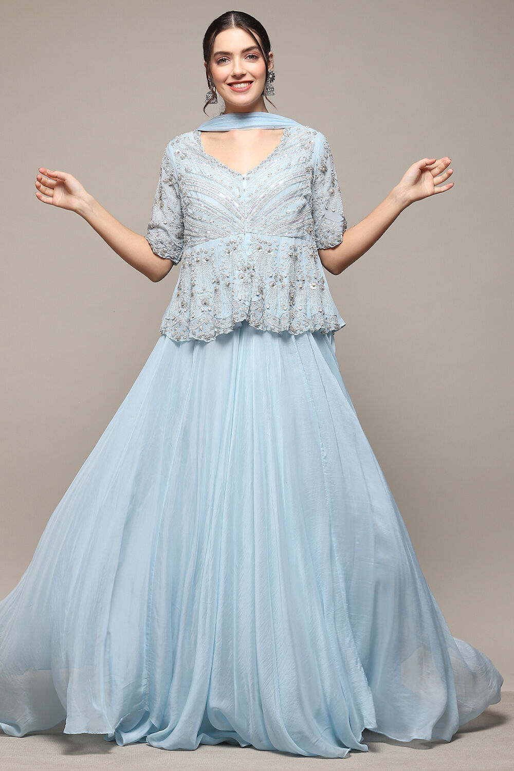 Powder Blue Viscose Short Kurta Skirt Suit Set image number 6