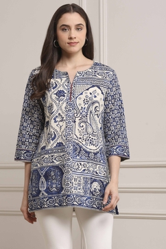 Indigo Cotton Printed Straight Short Kurta