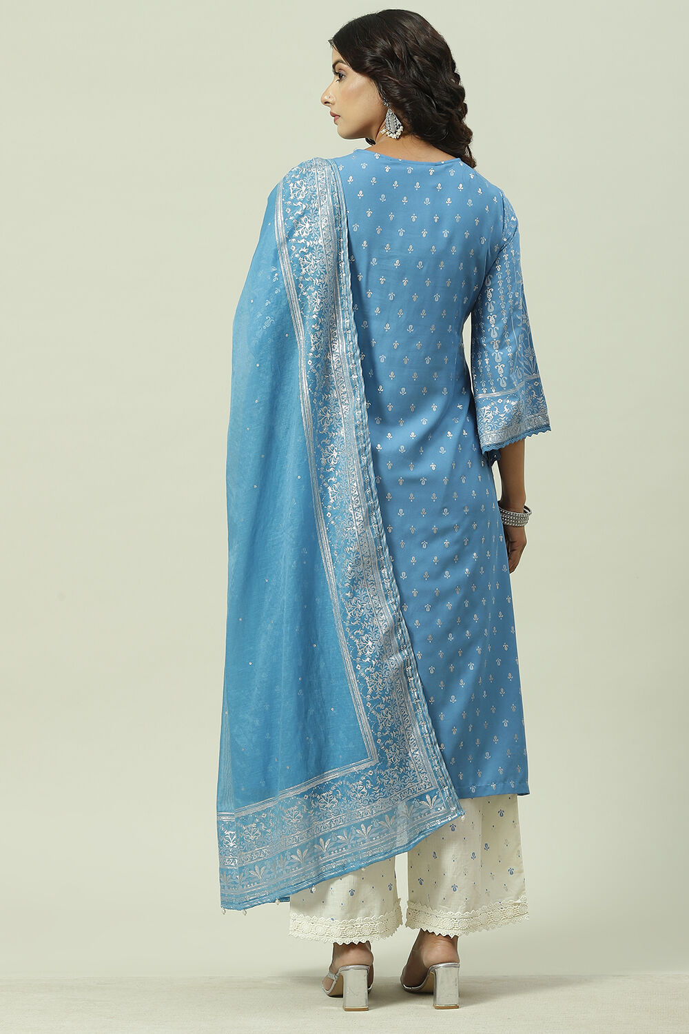 Blue LIVA Straight Kurta Palazzo Suit Set image number 4