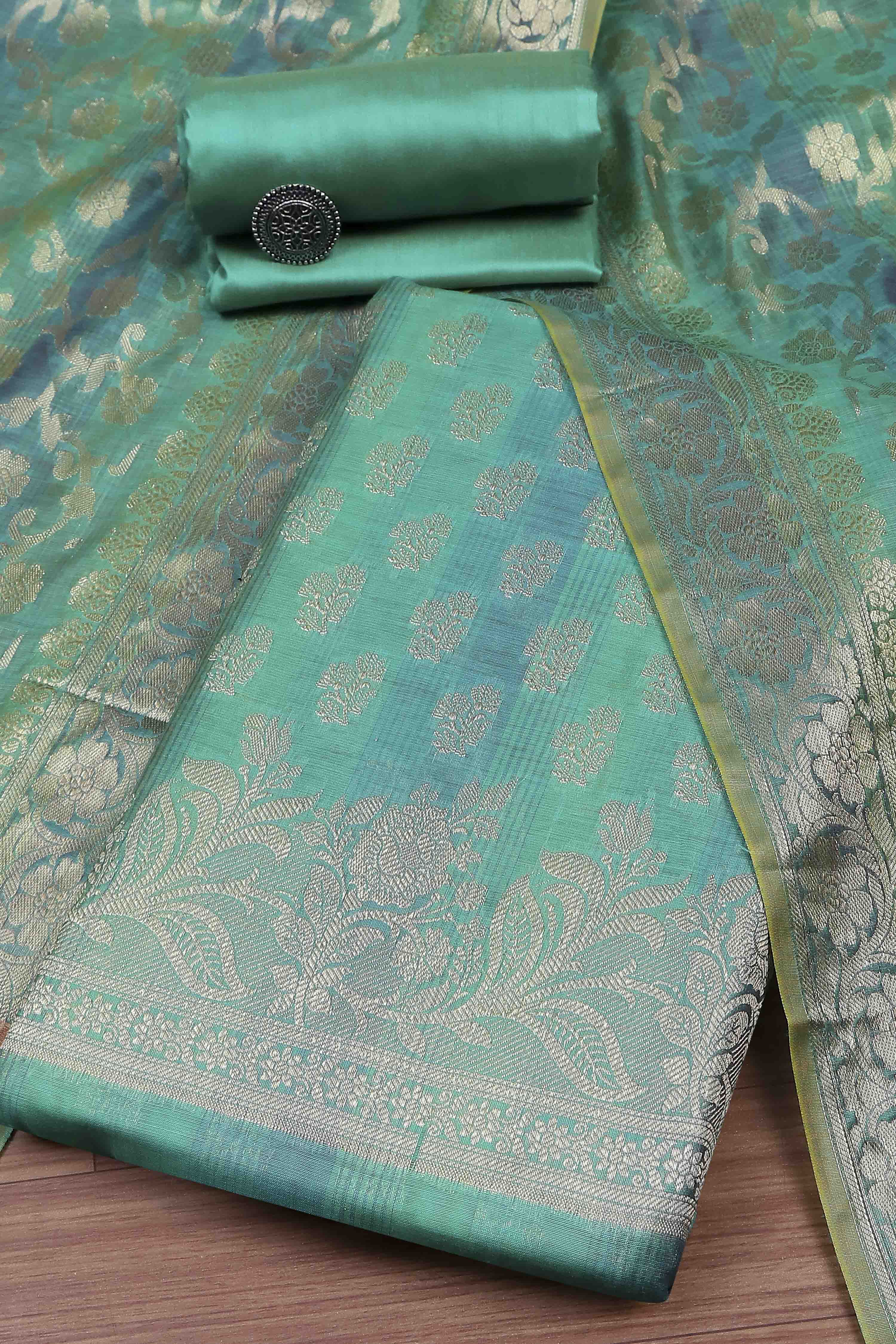 Rust Banarasi Chanderi Banarasi Print Unstitched Suit Set image number 0