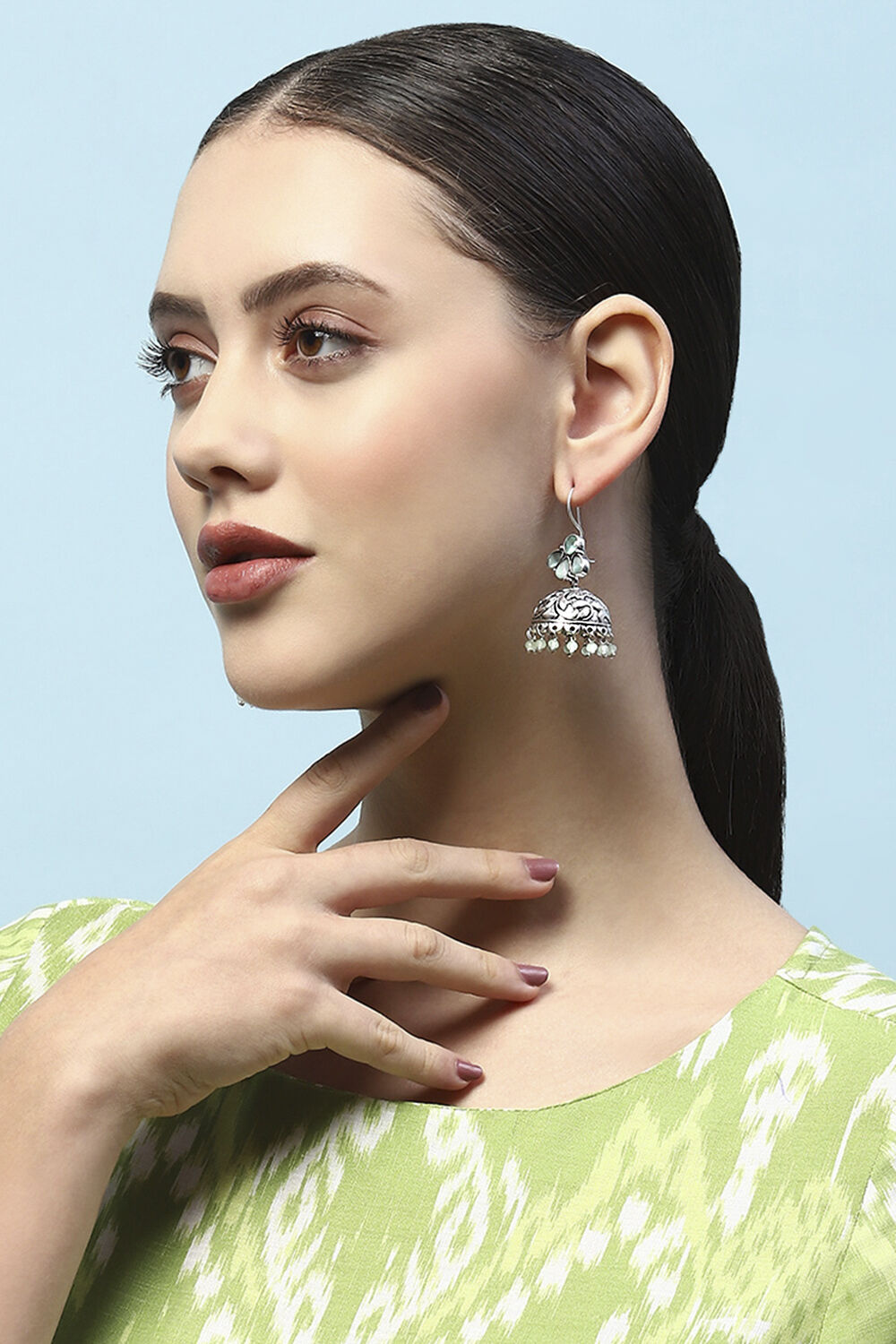 Mint Green Oxidised Stone Studded Jhumkas image number 1