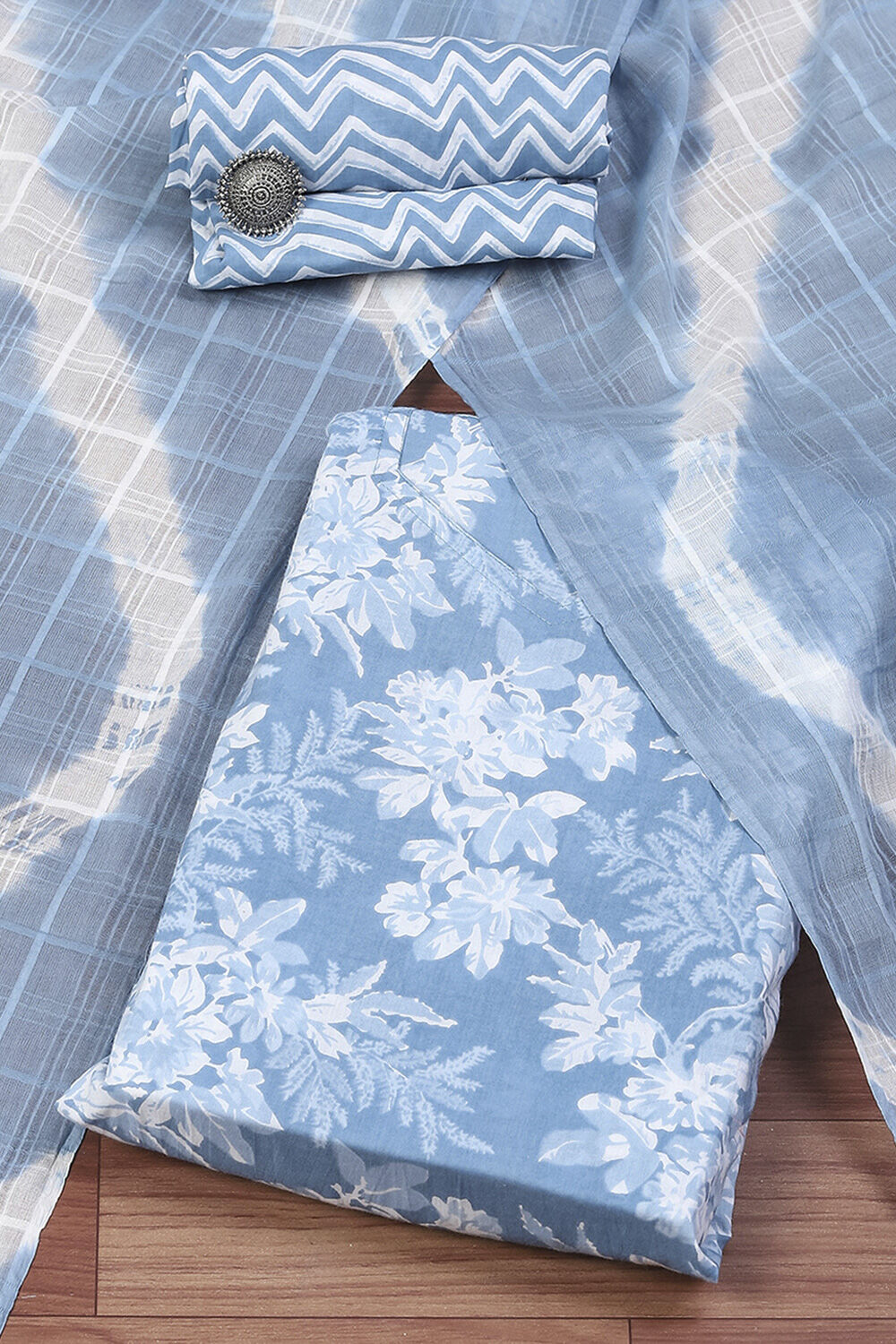 Blue Cotton Floral Unstitched Suit Set image number 0