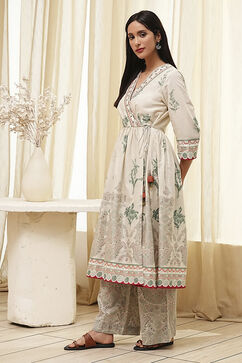 Beige and Green Cotton Angrakha Anarkali Kurta Set image number 3