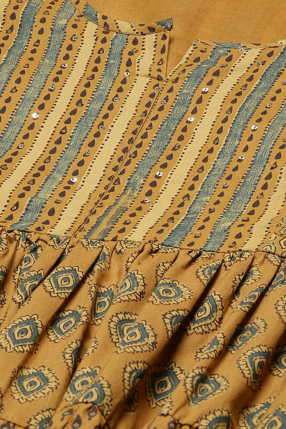 Ochre Cotton Printed Flared Tiered Dress image number 1