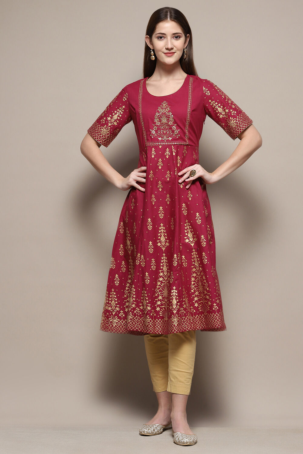 Wine Cotton Printed Short Kurti image number 0
