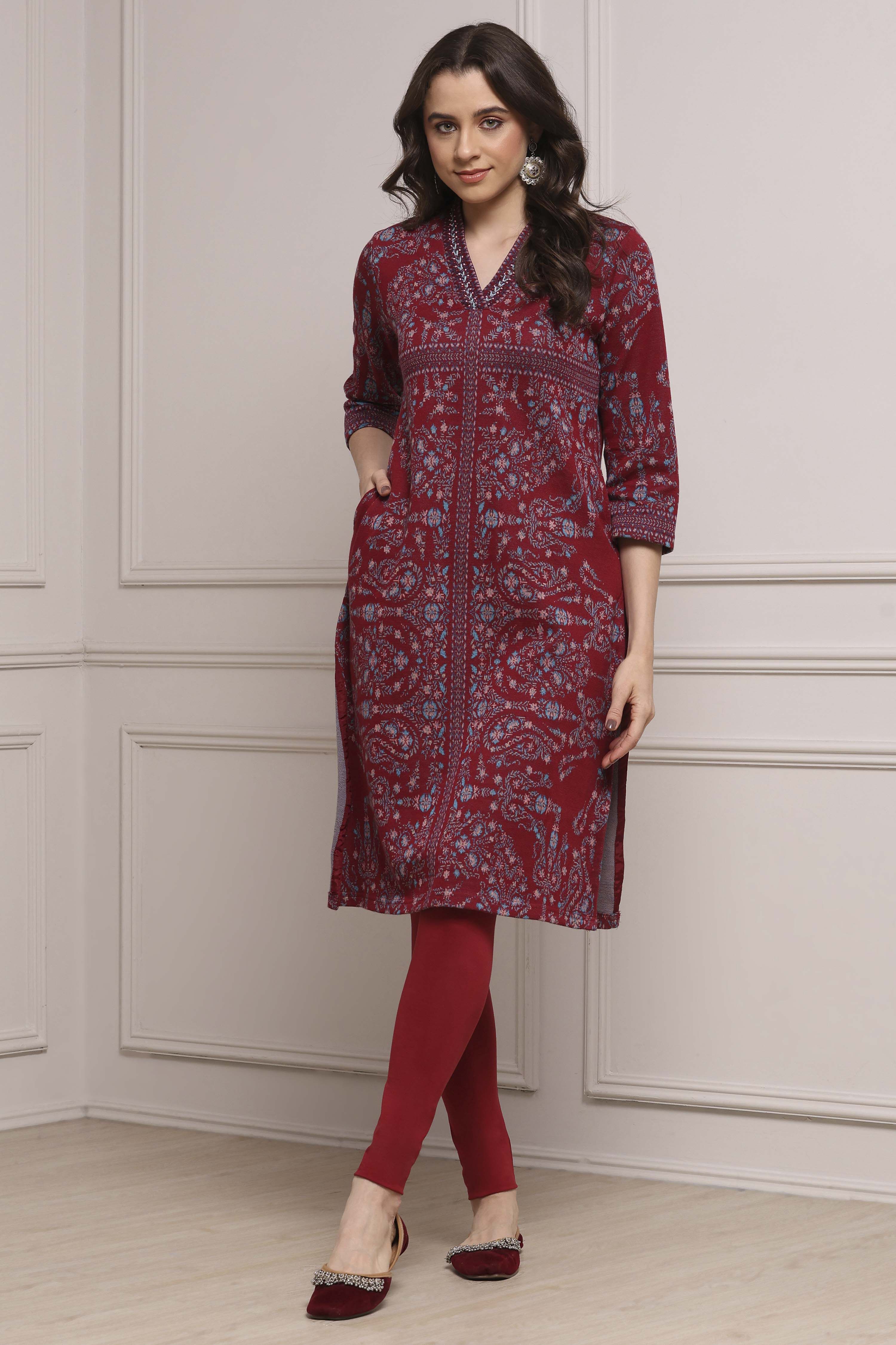 Earthy Green Yarn-Dyed Printed Straight Winter Kurta image number 0