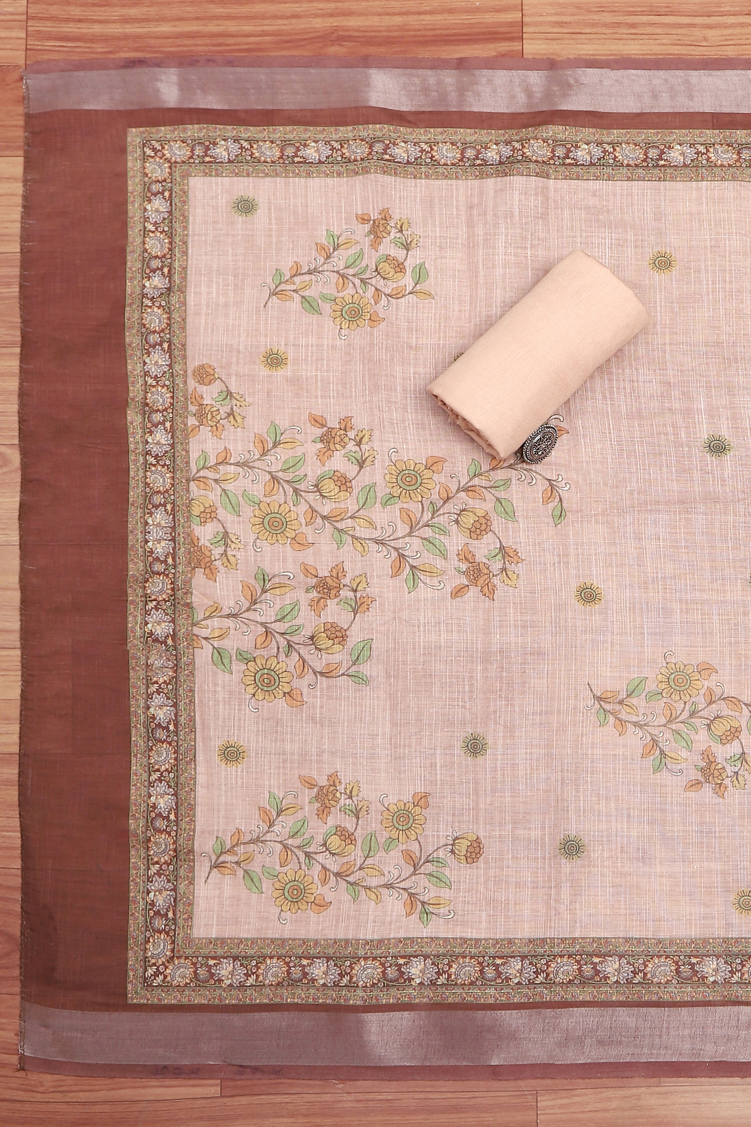 Peach Chanderi  Neck Patti Unstitched Suit Set image number 3