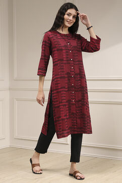 Maroon Cotton Ikat Straight Kurta image number 4