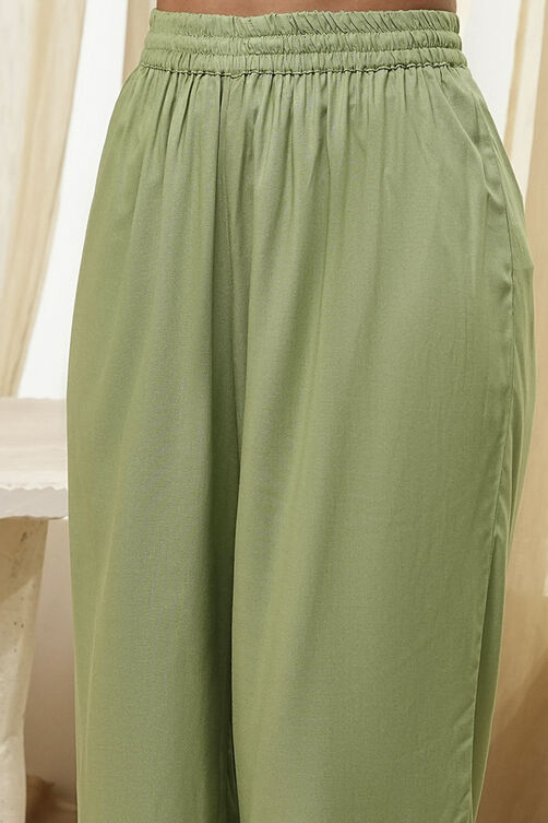 Olive Green Embroidered Gathered Suit Set image number 2