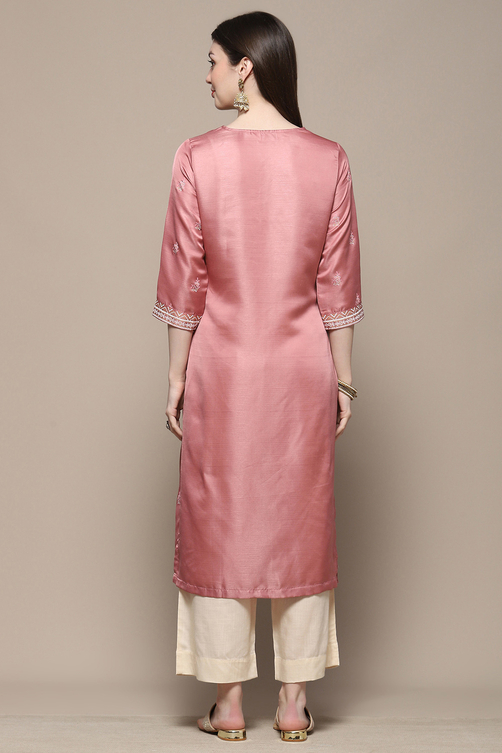 Dusty Pink Printed Straight Kurta image number 3