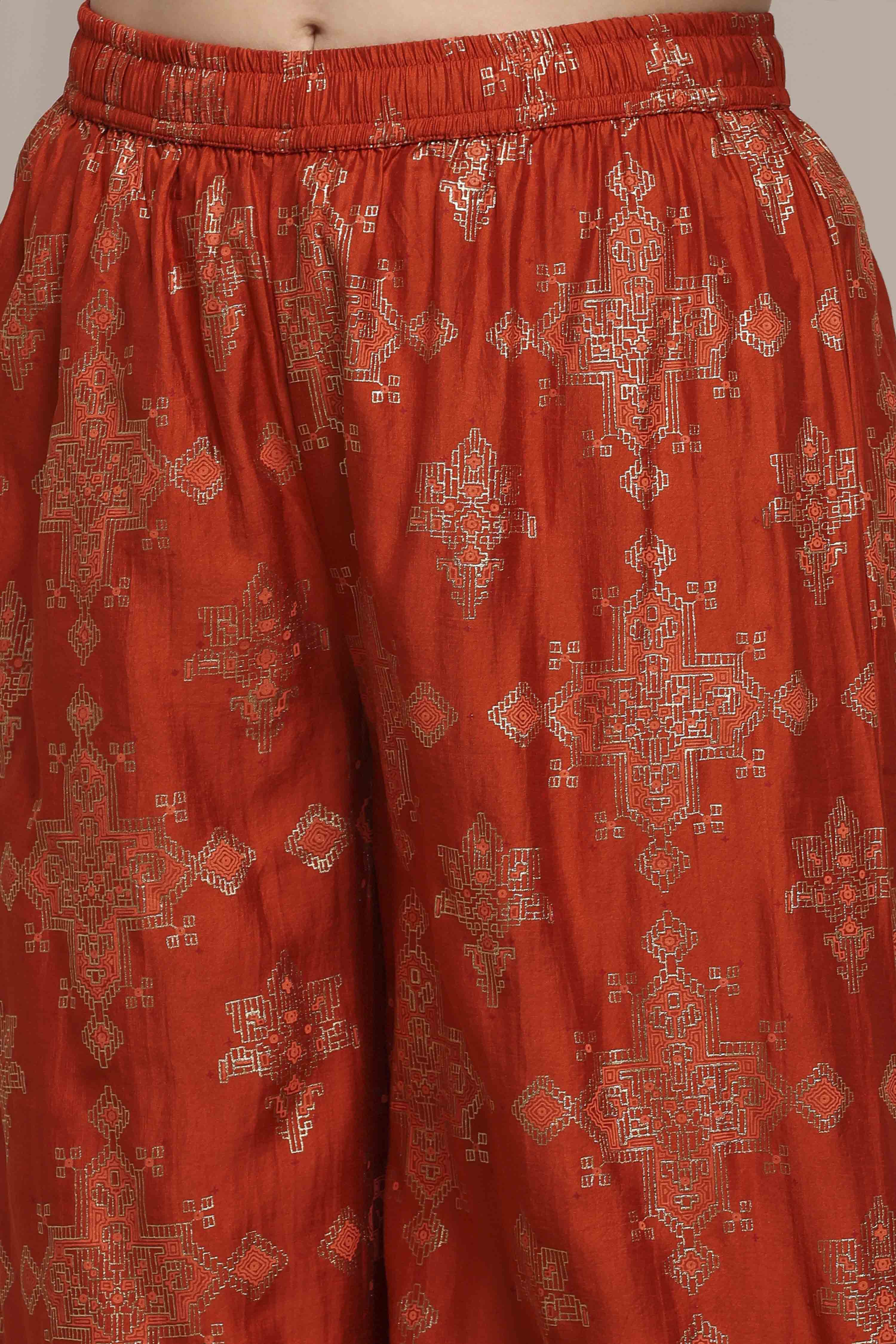 Orange Viscose Blend Straight Printed Suit Set image number 2