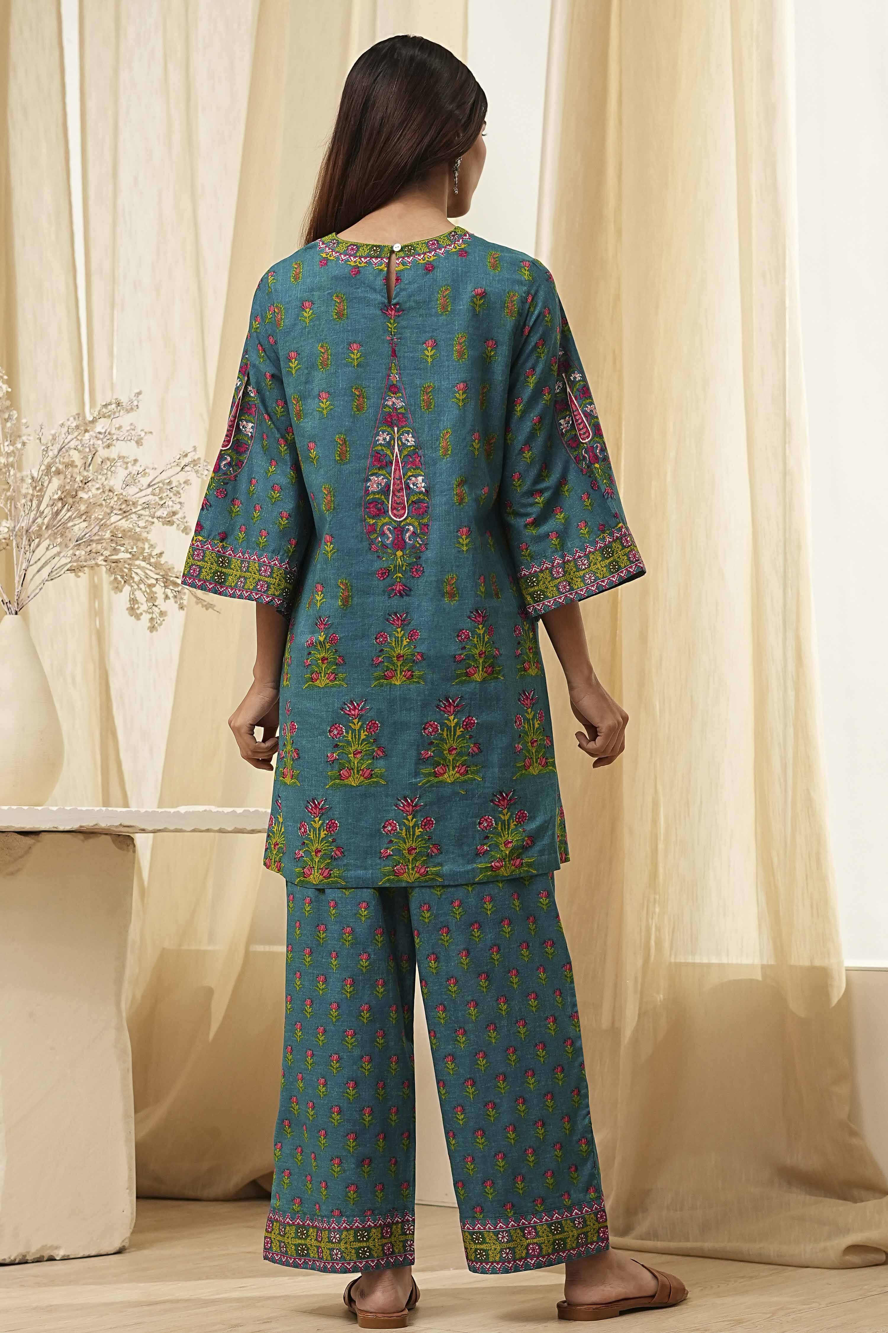 Teal Cotton Printed Straight Kurta Set image number 4