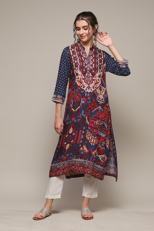 Teal LIVA Straight Printed Kurta image number 5