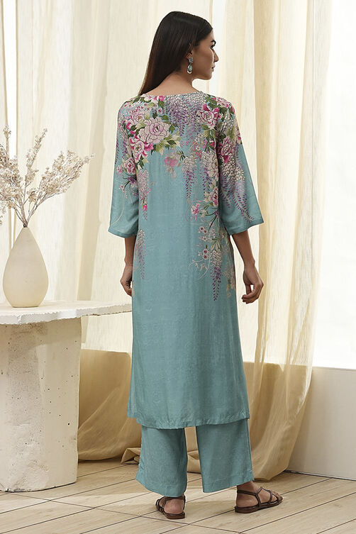 Blue Floral Straight Kurta Set image number 4