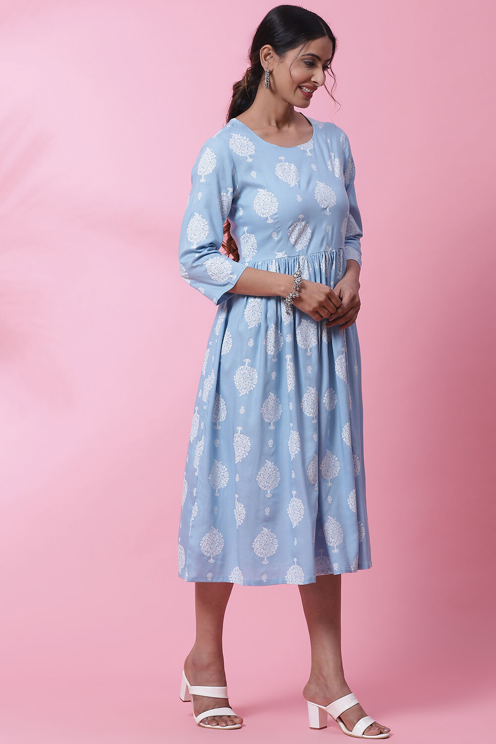 Powder Blue Rayon Printed Kurta Dress image number 3