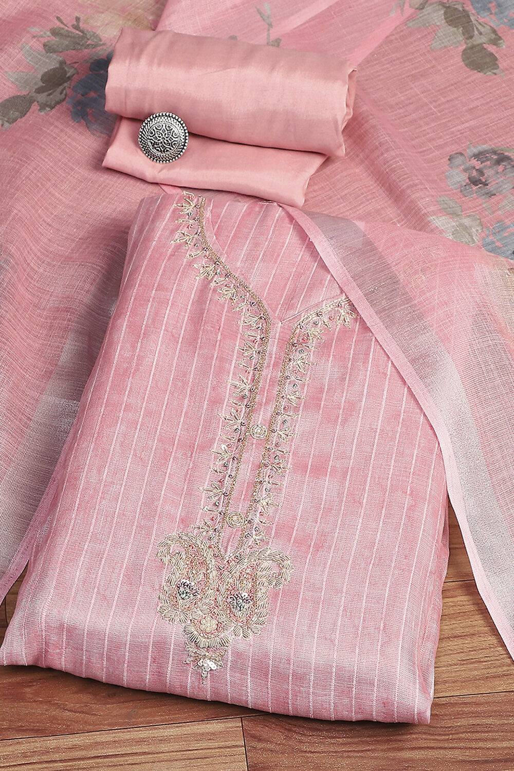 Peach Linen Digital Print Unstitched Suit Set image number 0