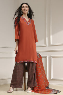 Orange Viscose Straight Solid Suit Set image number 6