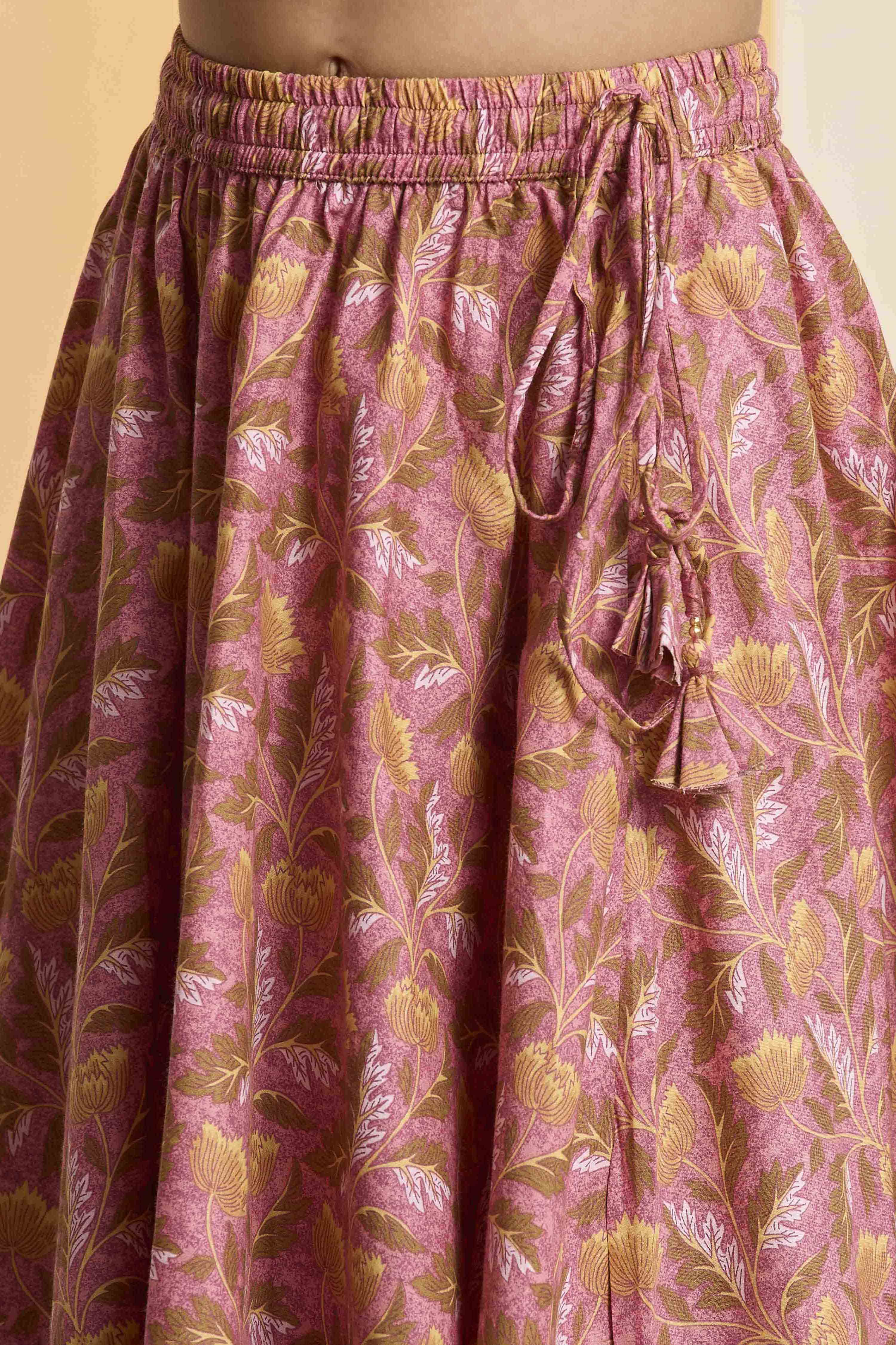 Peach Cotton Printed Gathered Lehenga Set image number 2