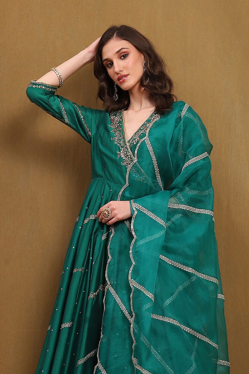 Green Embroidered Angrakha Festive Anarkali Suit Set image number 7