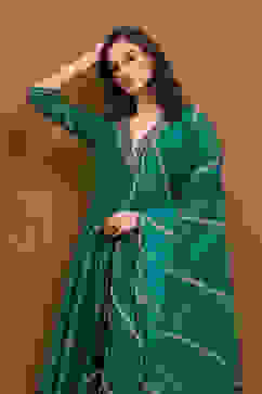 Green Embroidered Angrakha Festive Anarkali Suit Set image number 7