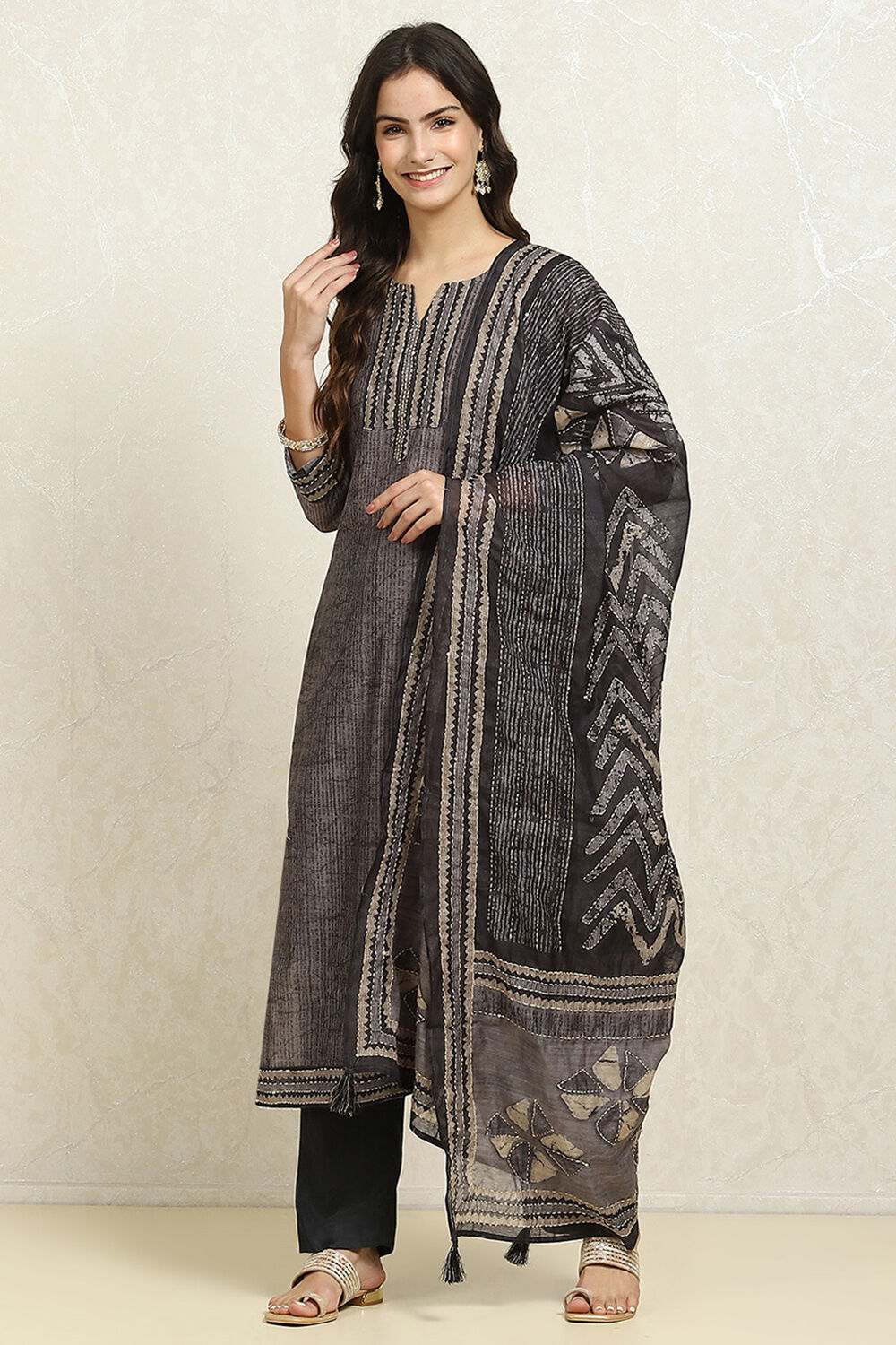 Grey Chanderi Blend Printed Unstitched Suit Set image number 1