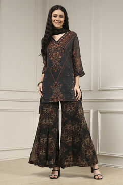 Charcoal Black Polyester Straight Printed Sharara Suit Set image number 6