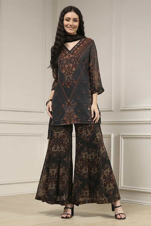 Charcoal Black Polyester Straight Printed Sharara Suit Set image number 6