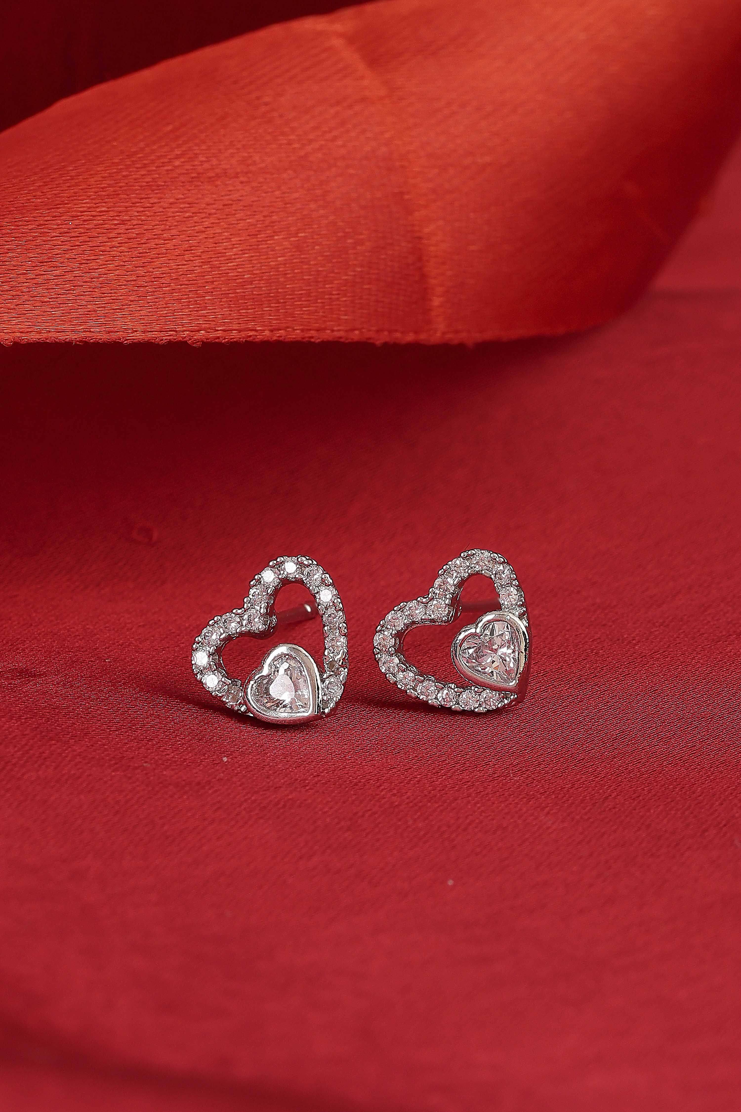 Silver Plated Brass Twin Heart-Shaped Stud Earrings image number 1