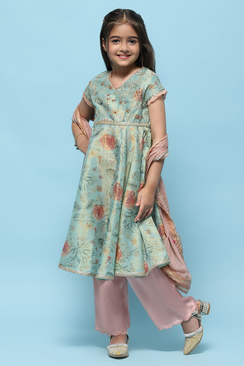  Green Cotton Tissue Anarkali With Palazzo & Net Dupatta image number 4