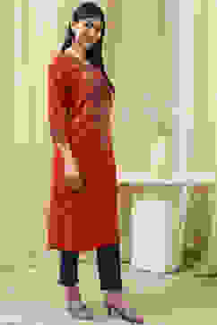 Red Printed Straight Kurta image number 3