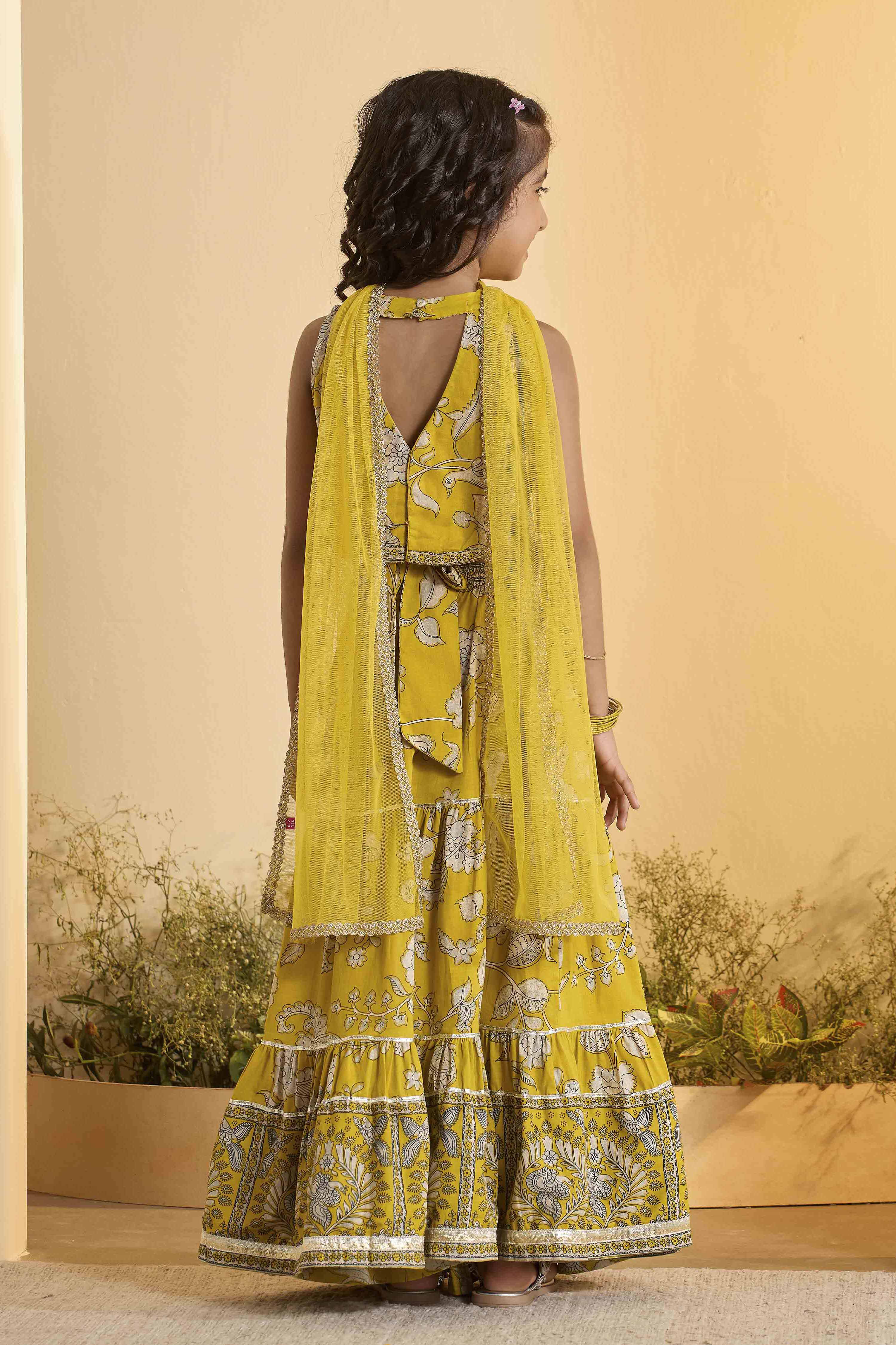 Yellow Cotton Floral Gathered Lehenga Set image number 4