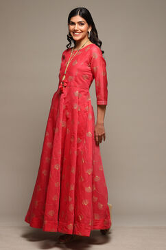 Pink Cotton Blend Flared Printed Dress image number 2
