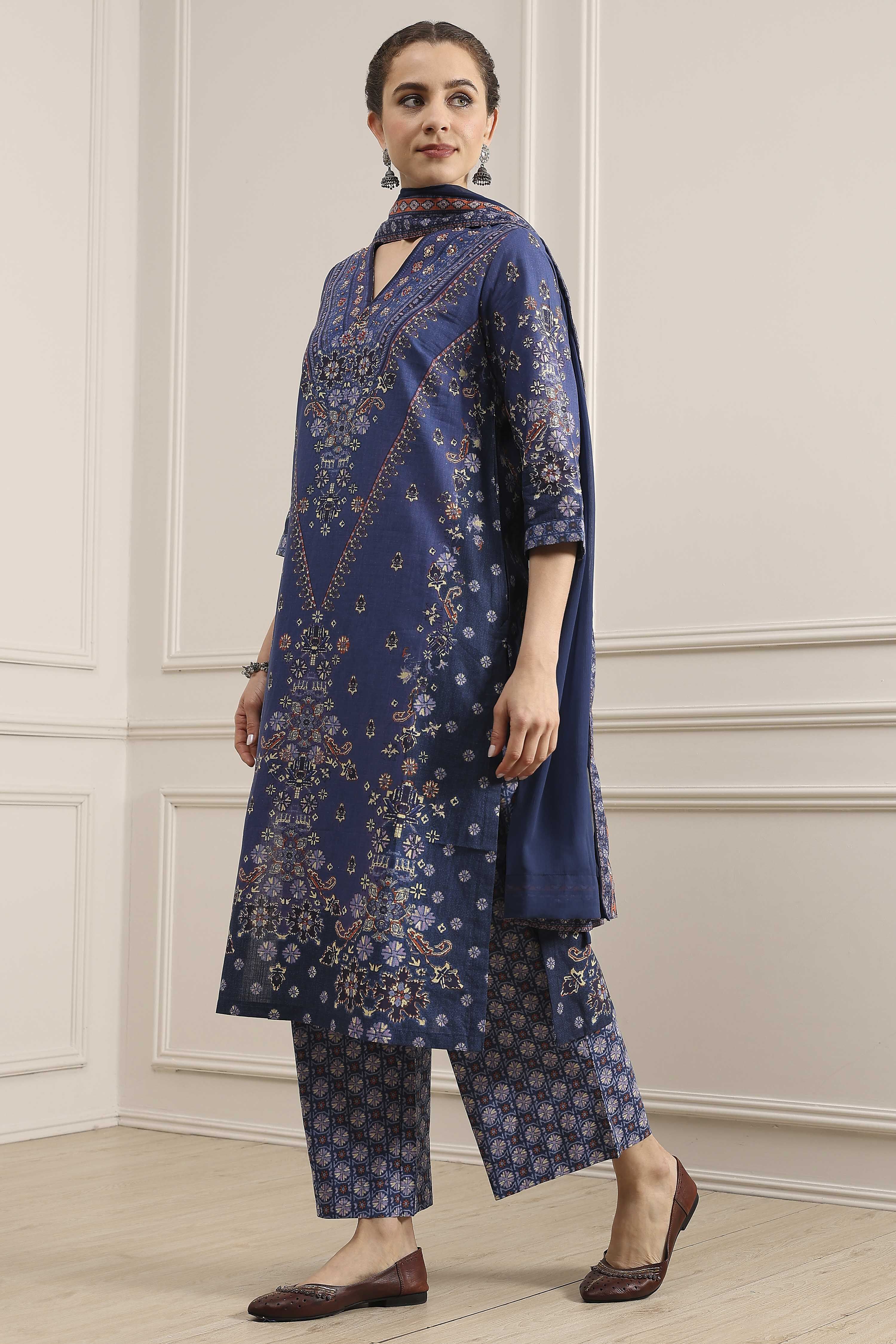 Blue Cotton Printed Straight Suit Set image number 3