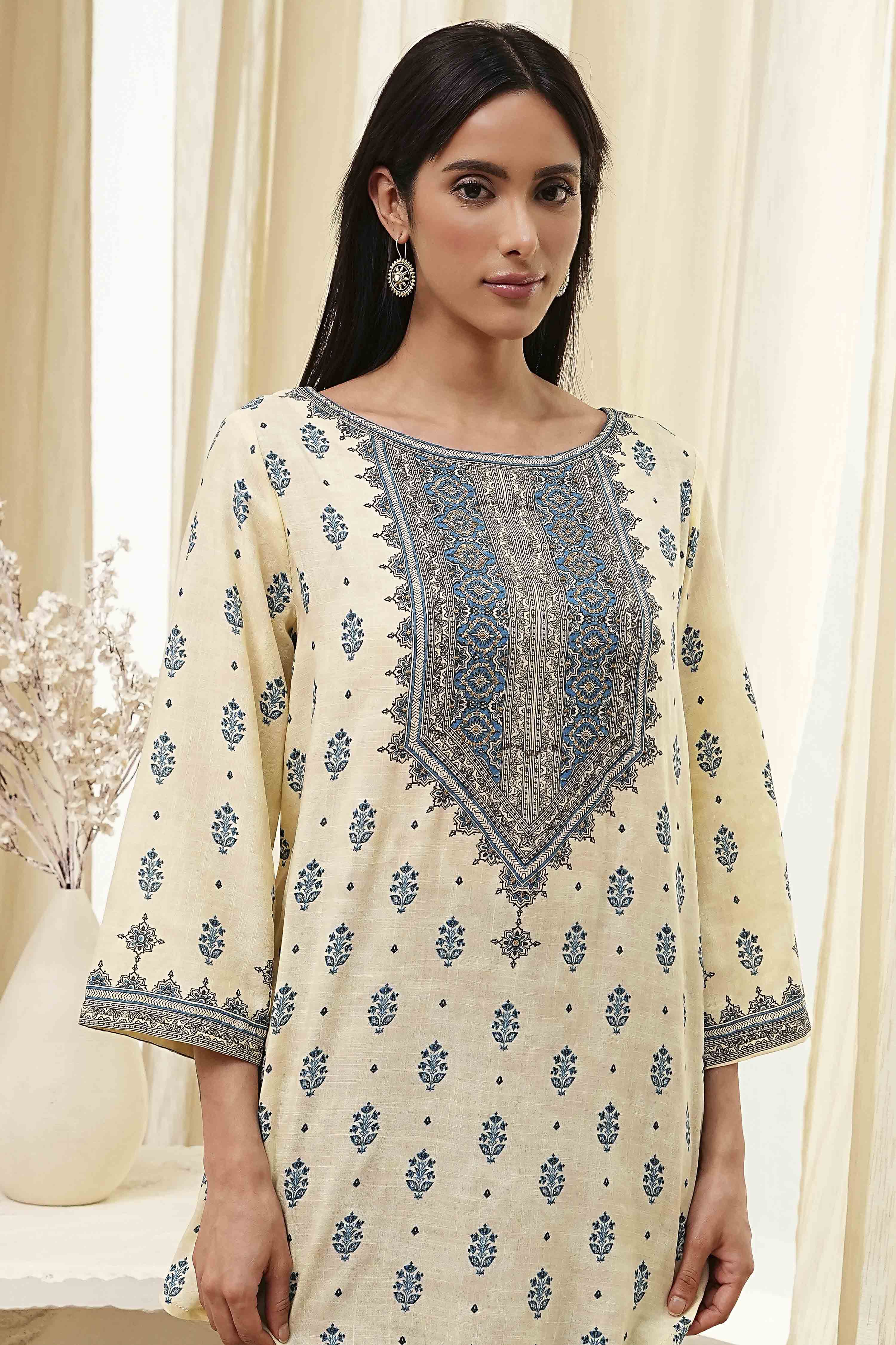 Beige Printed Straight Short Kurta image number 1