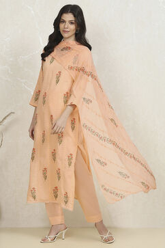 Peach Cotton Hand Block Print Unstitched Suit Set image number 1