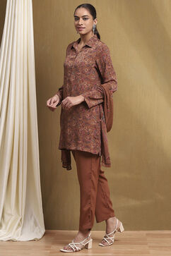 Brown Printed Straight Suit Set image number 3