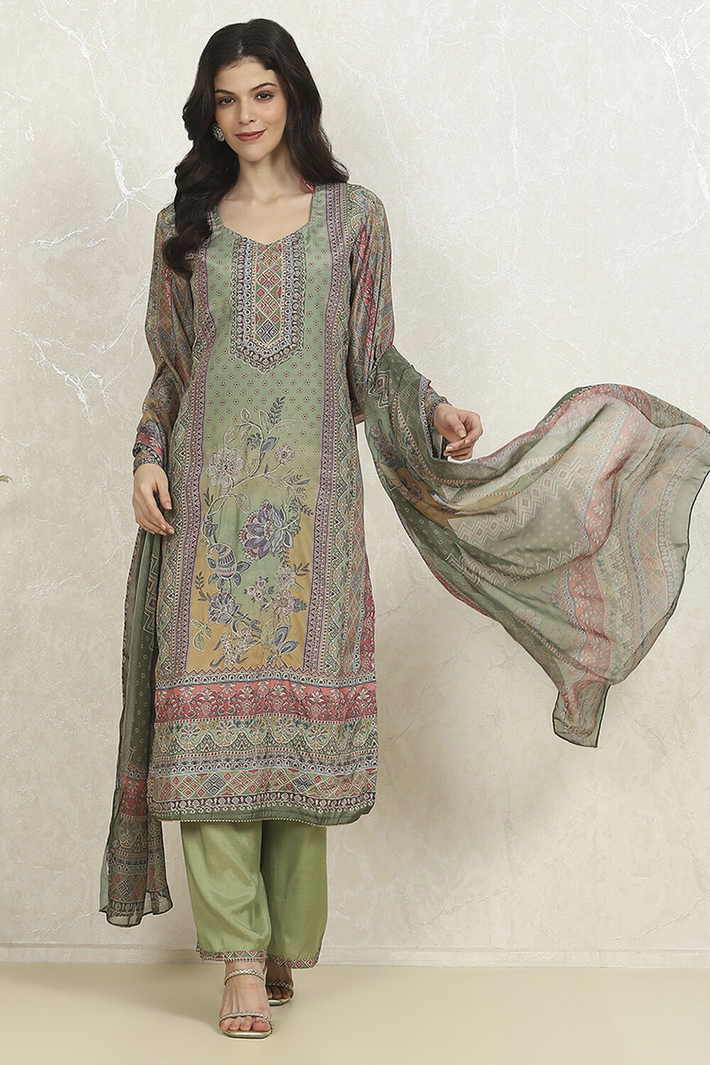 Green Crepe Printed Unstitched Suit Set image number 1
