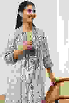 Off-White and Blue Cotton Straight Kurta image number 6