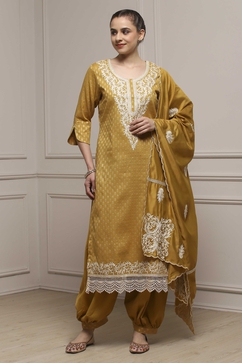Yellow Cotton Blend Thread Embroidered Unstitched Suit Set image number 1