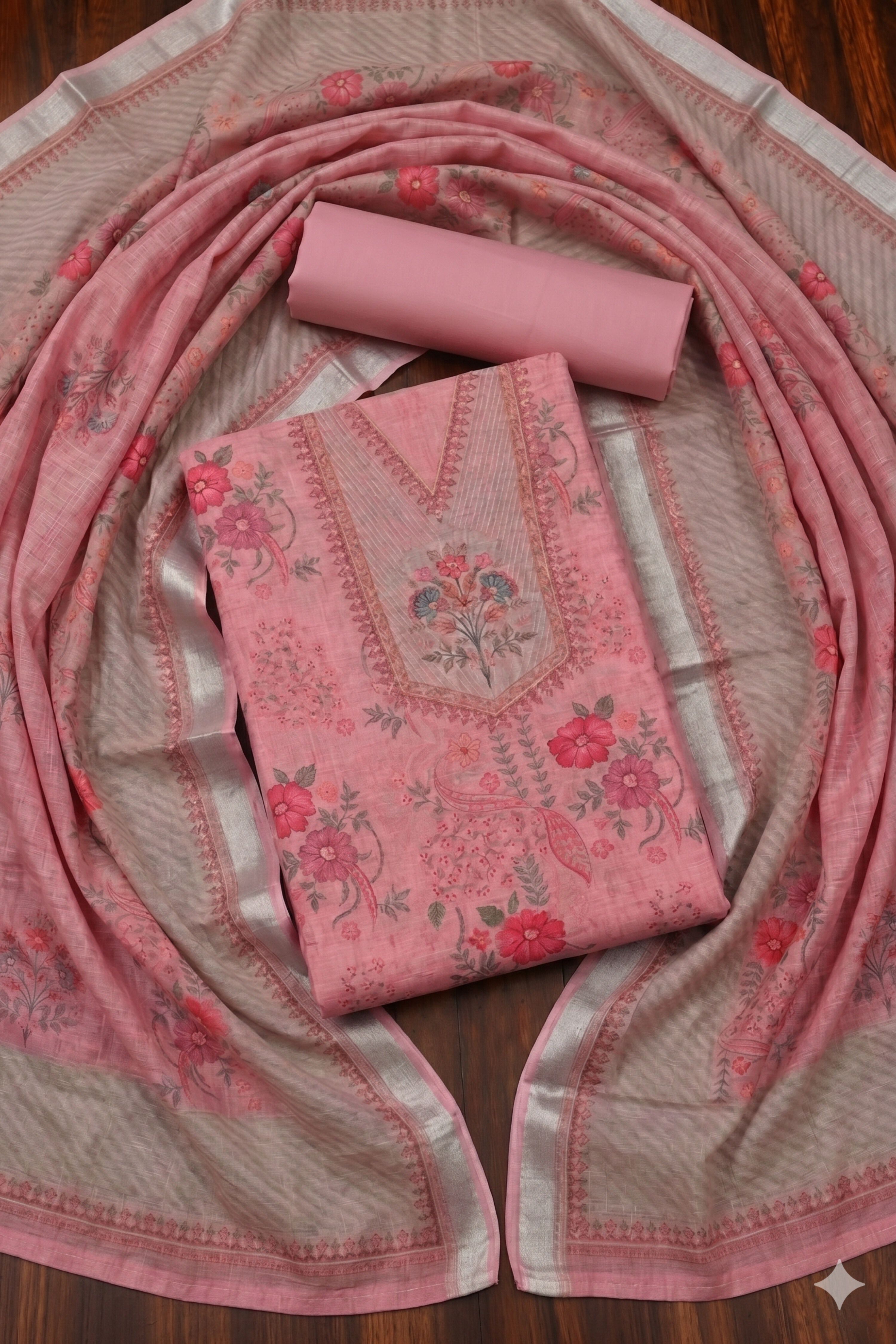 Peach Linen Floral Print With Handwork Unstitched Suit Set image number 1