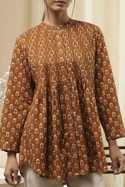 Mustard Brown Cotton Printed Shirt image number 1