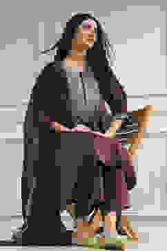 Wine Embroidered Straight Suit Set image number 0